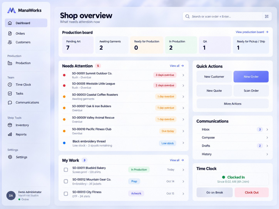 Approved ManaWorks Petra shop overview concept, showing production stages, needs attention and shop actions