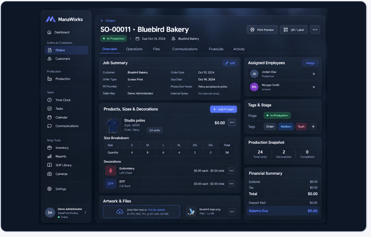 Approved dark-mode ManaWorks order workspace concept with product details, files and financial summary