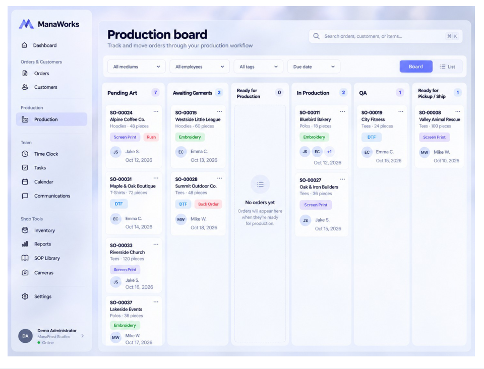 Approved ManaWorks production board concept with workflow lanes
