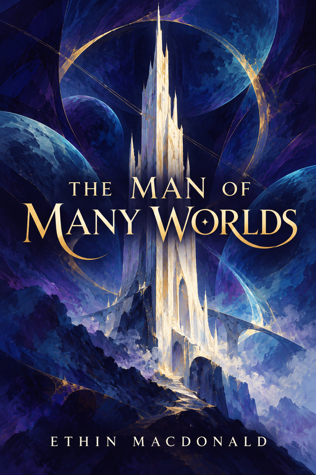 Cover art for The Man of Many Worlds: a towering luminous ivory spire between blue and violet celestial worlds, beneath elegant gold lettering.